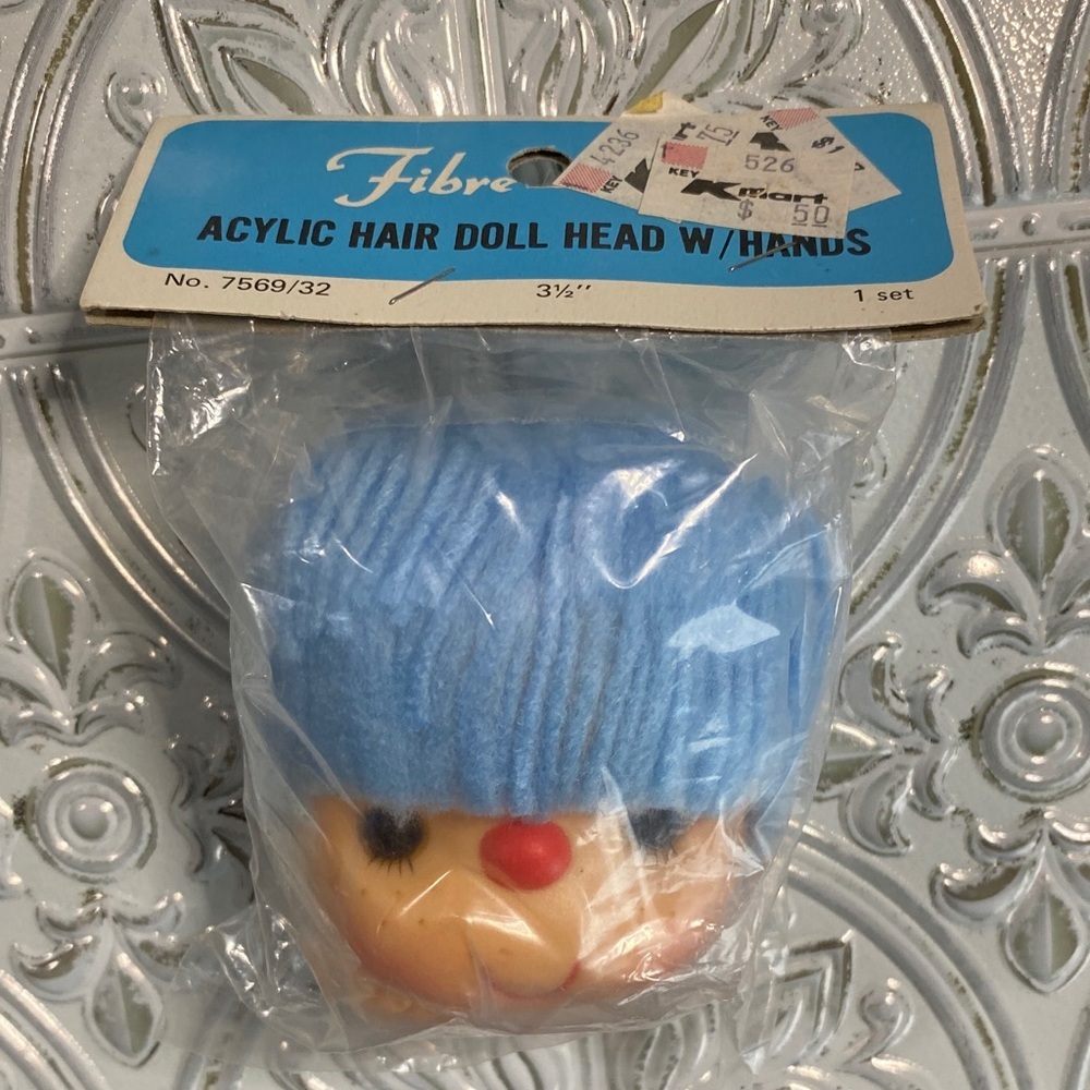 Fibre-Craft Vintage Doll Head Hands Set Blue Acrylic Hair Craft New Old Stock